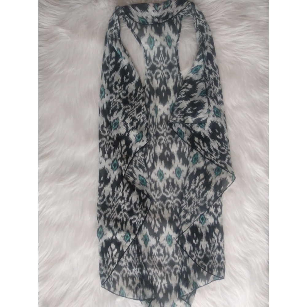 Lightweight Black White Printed Women's Sleeveless Cardigan Vest w Teal Accents